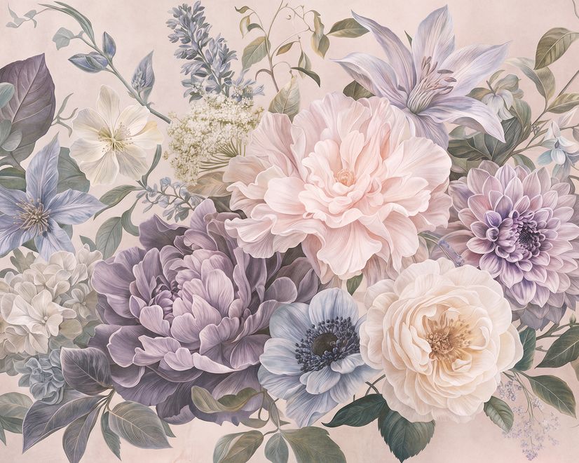 Elegant Pastel Botanical Flower Bouquet Wallpaper Mural