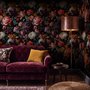 Vintage peony wallpaper mural with plum, blush and ivory flowers, dark foliage and small hummingbirds