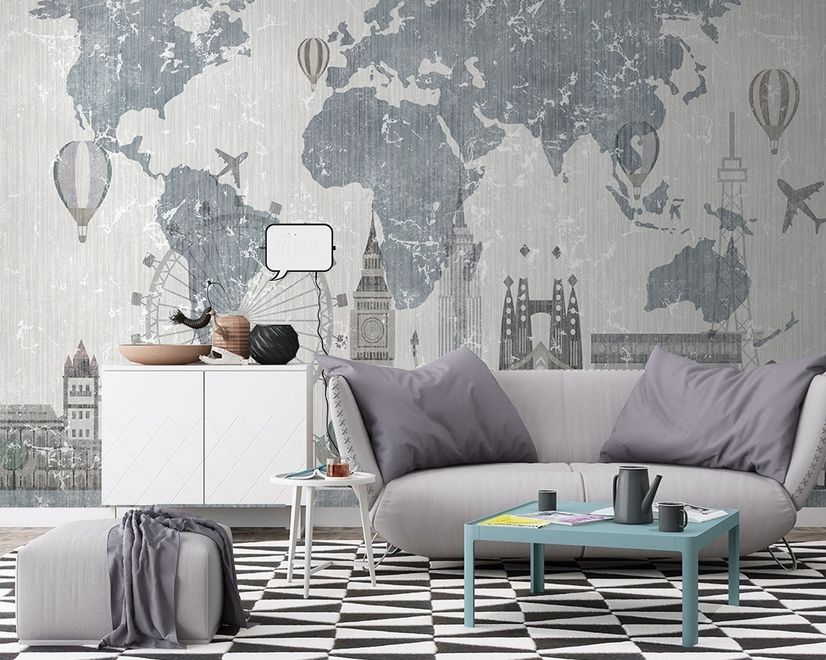 Vintage World Map with Old Hot Air Balloon Wallpaper Mural