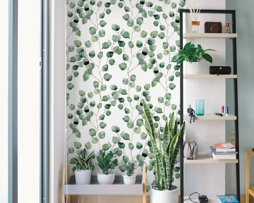 Papier peint panoramique avec motif de feuilles d'eucalyptus en aquarelle