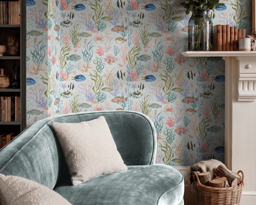 Modern coastal wallpaper with watercolour tropical fish, coral, seaweed, shells and bubbles on light aqua-blue