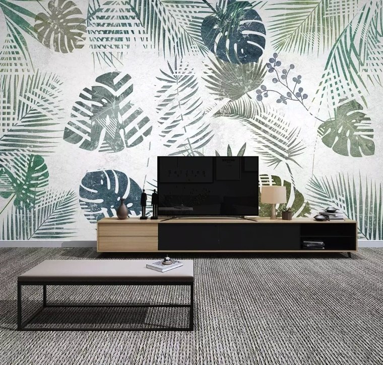 Retro Tropical Leaf Pattern Wallpaper Mural - Peel and Stick