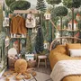 Architectural design wallpaper mural of forest treehouses, rivers, boats and small figures in green watercolour