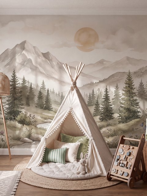 Fototapete Neutrale Kieferwald-Berglandschaft für das Kinderzimmer