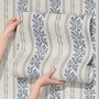 Blue wallpaper with indigo botanical stripework, pinstripes and dotted borders on warm cream parchment