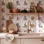 Bar wallpaper with cream tile grid, dusty rose arches, illustrated wine bottles, fruit and café still lifes