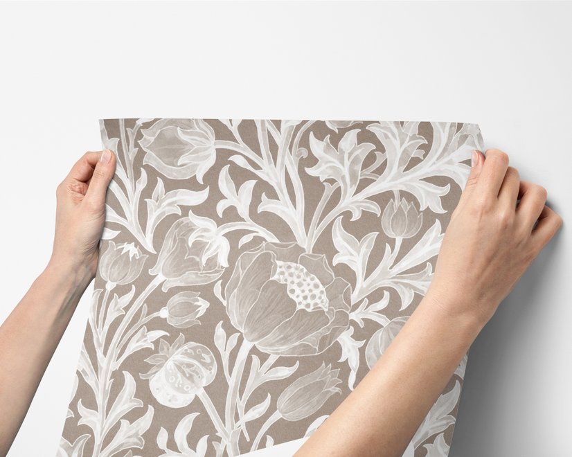 Greige botanical wallpaper with white watercolour flowers, buds, seed heads and acanthus leaves