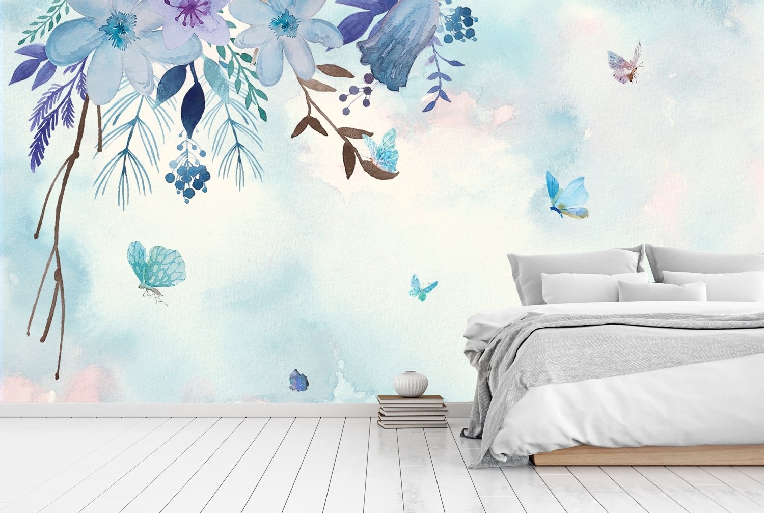 Blue Purple Floral with Little Butterfly Wallpaper Mural - Peel and Stick