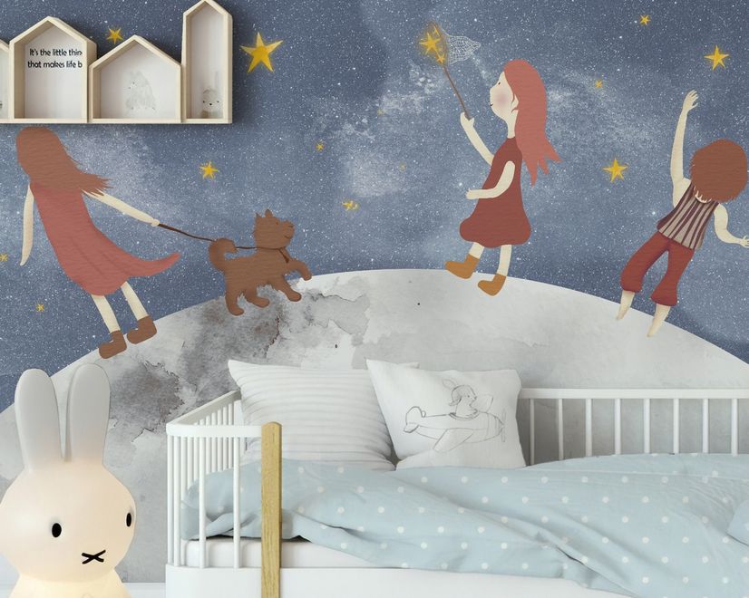 Papier peint panoramique filles sur la lune enfants