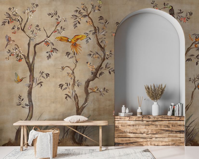 Watercolor Chinoiserie Fruit Trees Wallpaper Mural