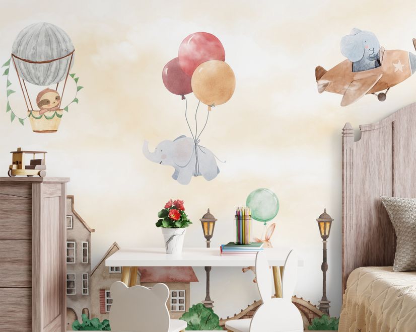 Watercolor Cute Houses with Flying Animals Wallpaper Mural for Kids