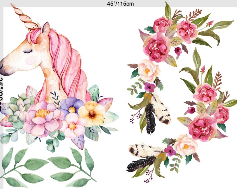 Kids Pink Unicorn with Colorful Florals Wall Decal Sticker