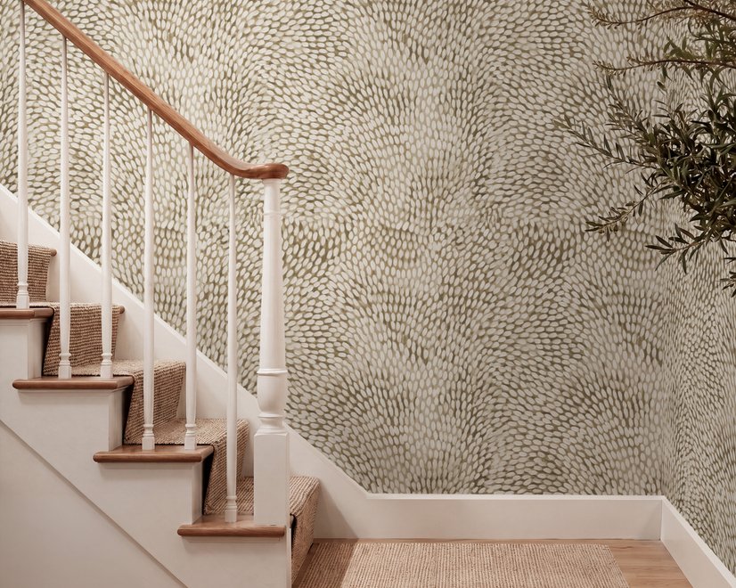 Abstract taupe and greige wallpaper with creamy white oval brush marks in flowing currents