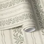 Green aesthetic wallpaper with sage leafy sprigs, fine vertical rules and dotted borders on cream ivory