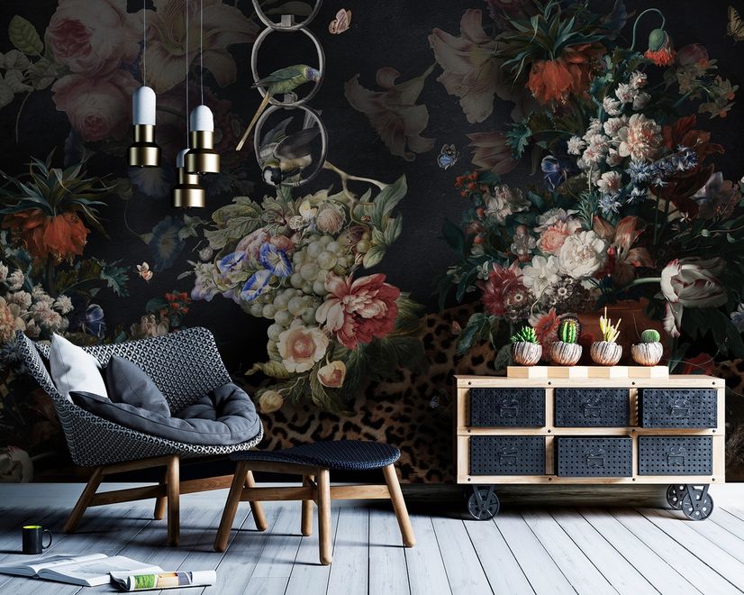 Dark Dutch Floral Bouquet with Birds Wallpaper Mural