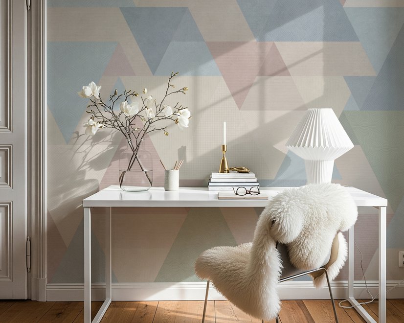 Pastel abstract wallpaper with overlapping sky blue, blush, cream, sage and grey textured triangles