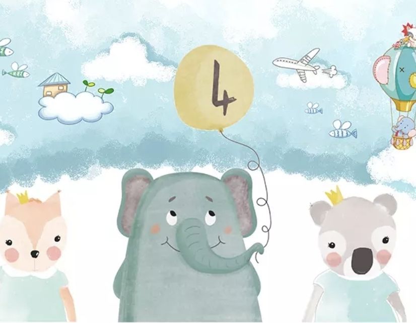 Cute Cartoon Animals with a Balloon Wallpaper Mural