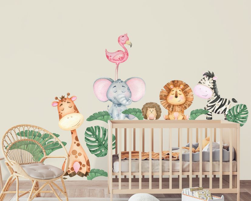 Kids Cute Forest Animal with Banana Leaves Wall Decal Sticker