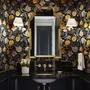 Japanese art wallpaper pattern with koi fish, gold peonies, mauve flowers and grey clouds on black