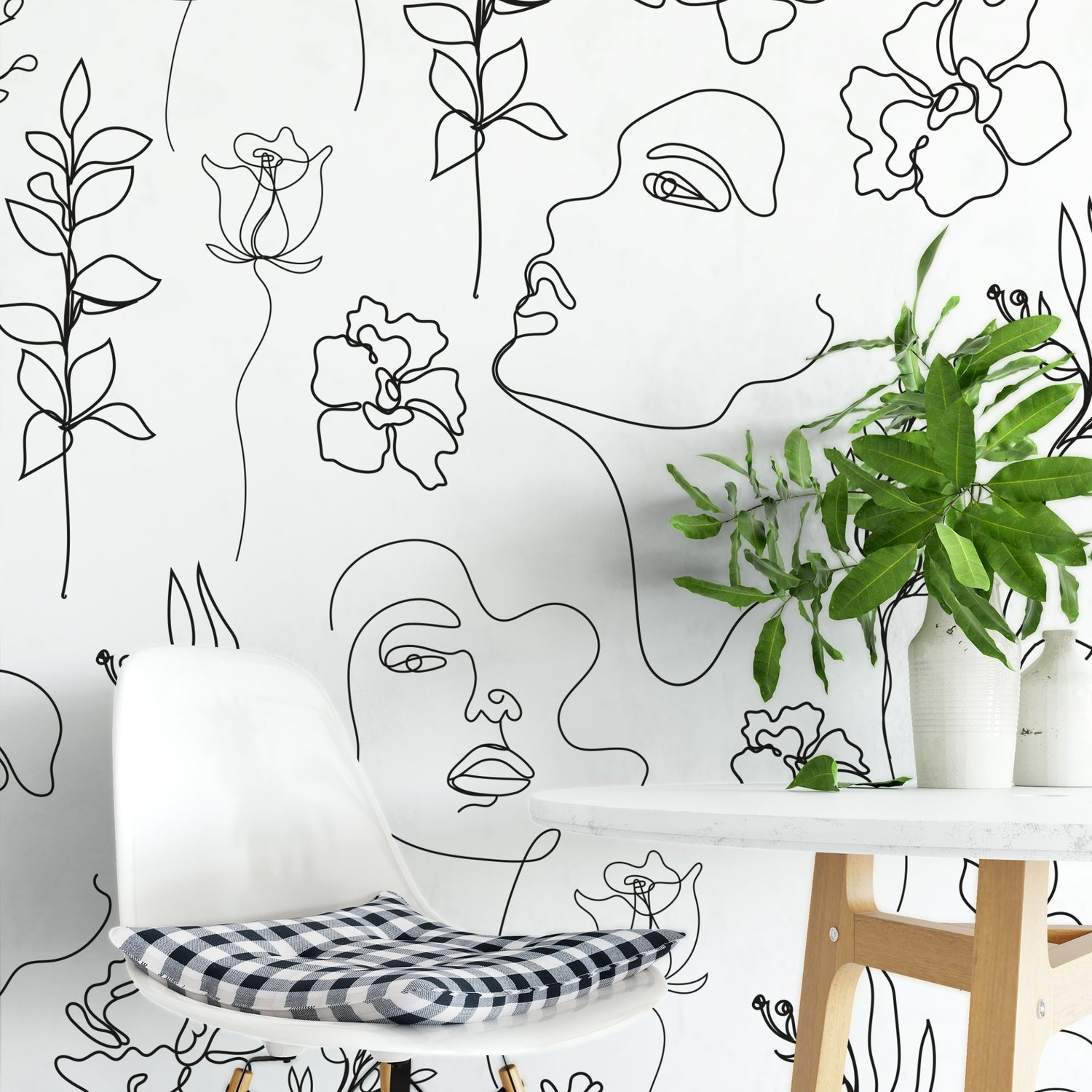 Soft Woman Face with Floral Drawing Line Art Wallpaper Mural - Peel and Stick