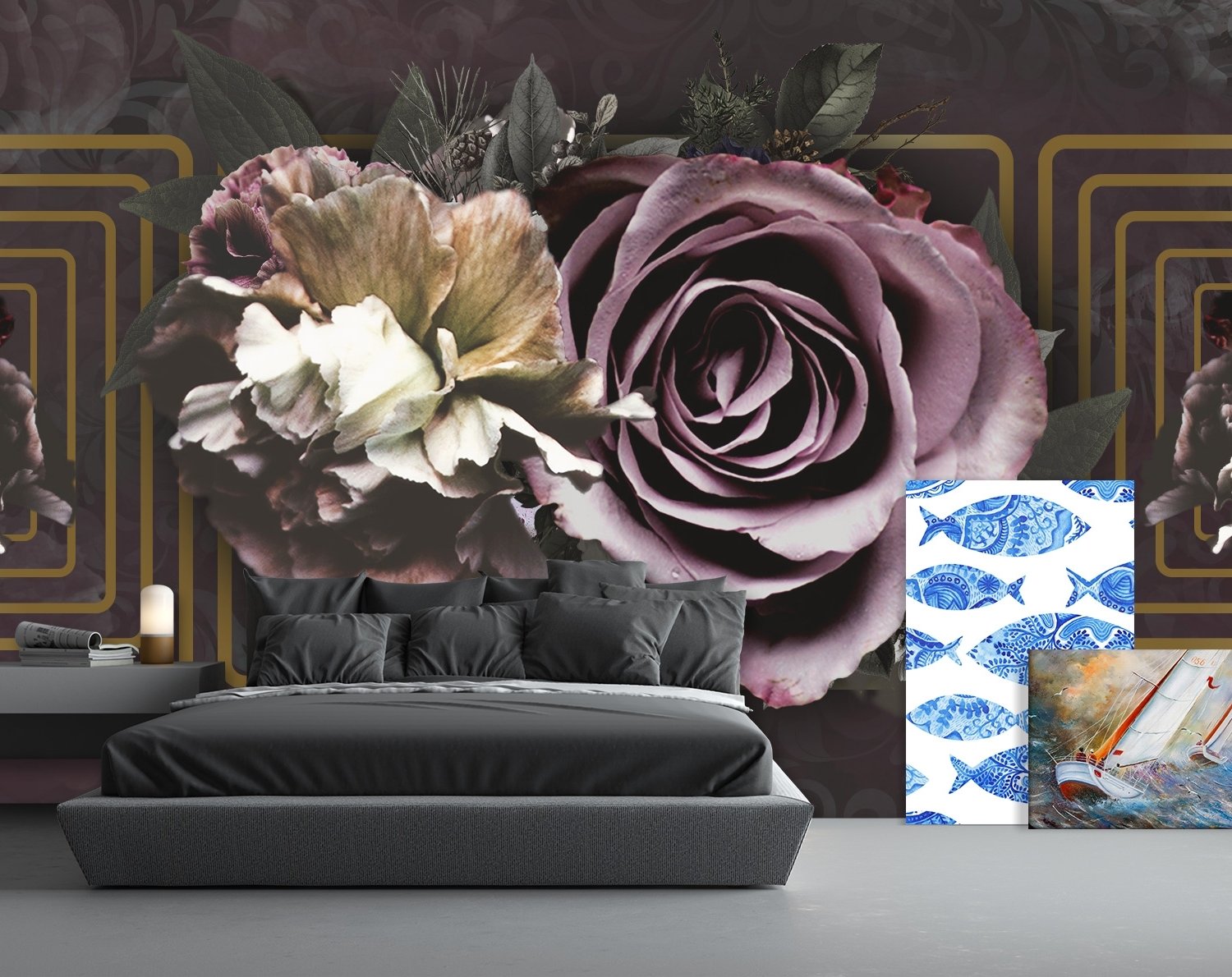 Dark Rose Floral Wallpaper Mural - Peel and Stick