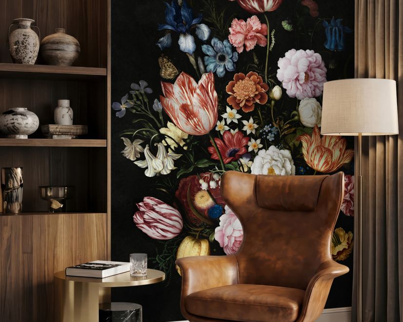Elegant Dutch Dark Floral Bouquet Wallpaper Mural