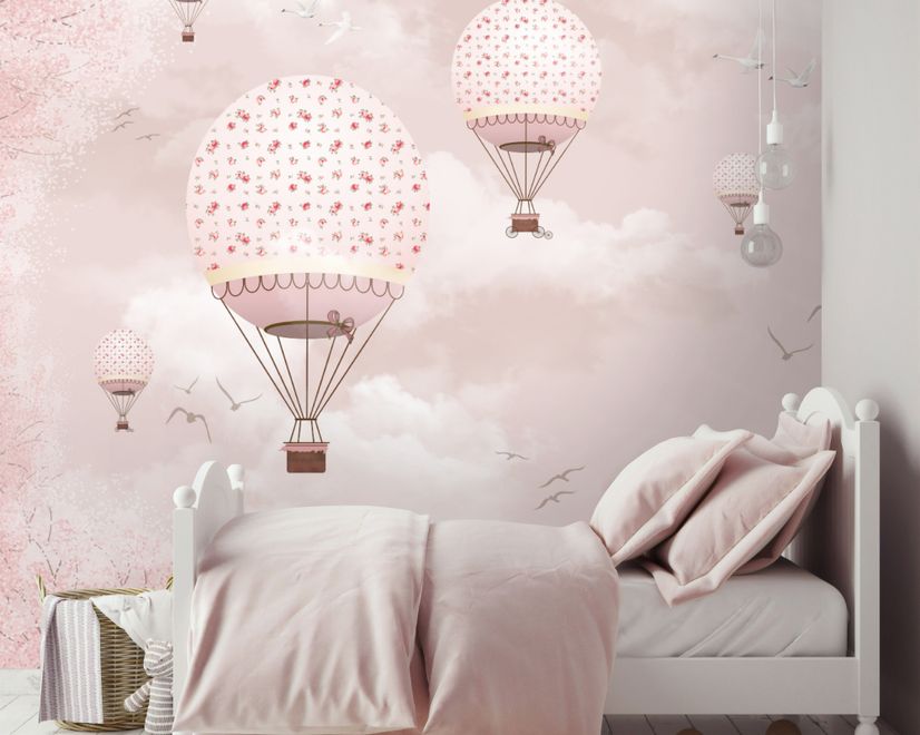 Kids Girls Pink Sky of Hot Air Balloon and Aircraft Wallpaper Mural