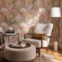Pink tropical wallpaper with ivory fan palms, orchids, coral blossoms and sage foliage on dusty rose