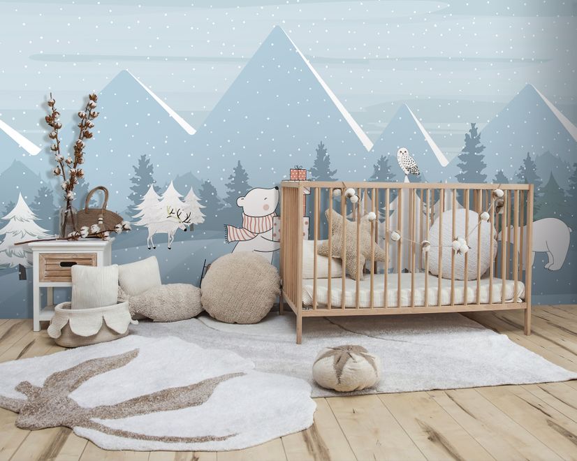 Ice Skater White Bear on the Snowy Winter Forest Wallpaper Mural