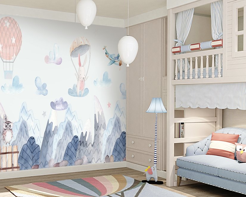 Watercolor Style Kids Landscape with Cute Bunny Wallpaper Mural