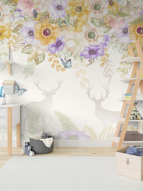 Yellow Floral Art with Horned Deer Wallpaper Mural