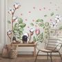 Weiße Baumwollblumen mit grünem Blatt und rosa Knospe Wandtattoo