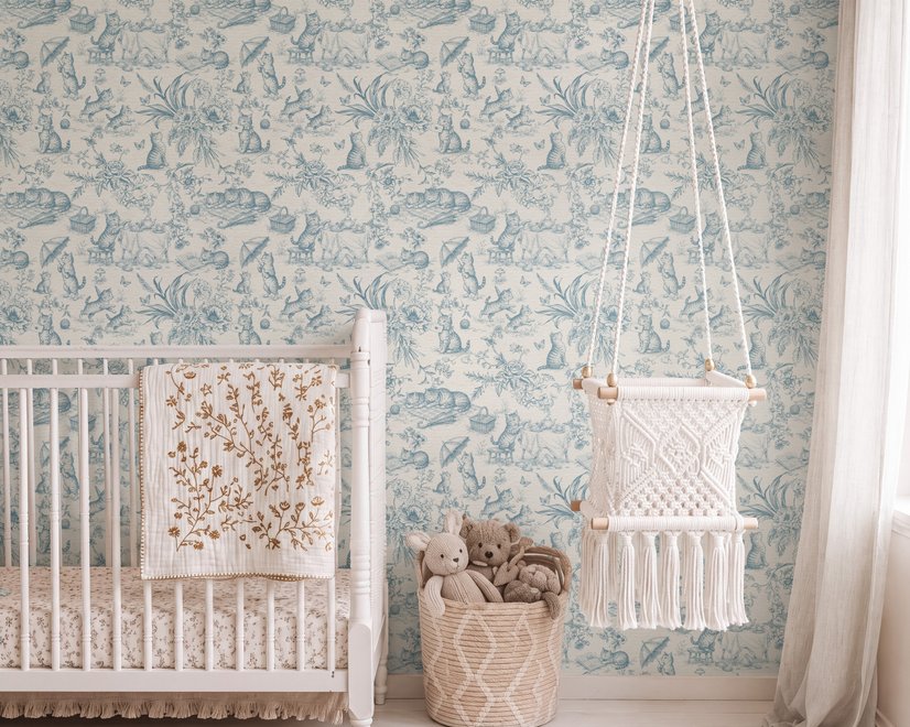 Cute cats wallpaper with dusty blue toile kittens, roses and garden scenes on warm cream