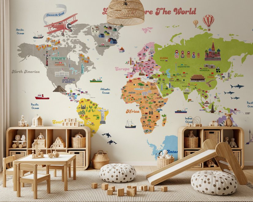 Papier Peint Panoramique Éducatif et Coloré pour Enfants avec Carte du Monde