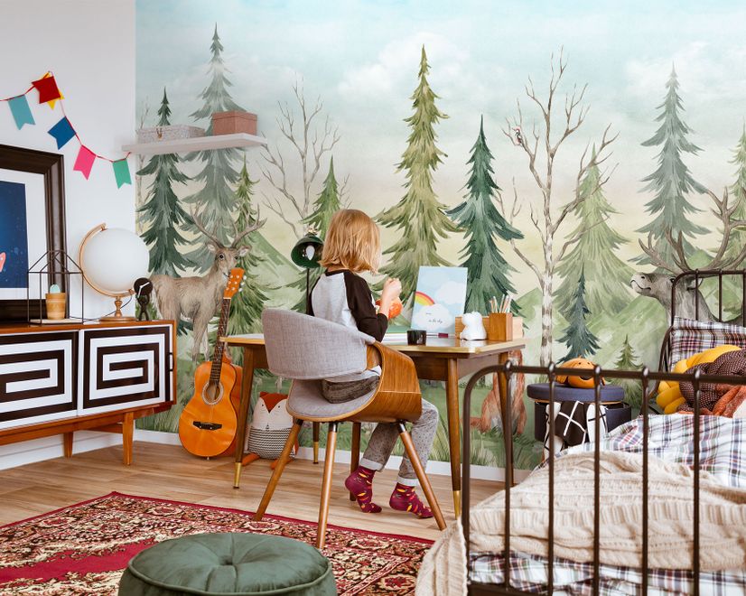 Kinder Aquarell Kiefernwald mit Tieren Fototapete