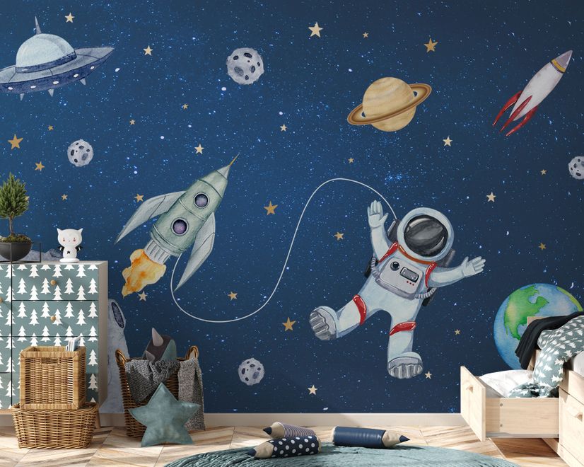 Kids Watercolor Space with Spaceship and Astronaut Wallpaper Mural