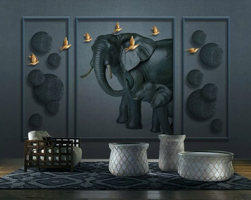 3D Geprägter Look Dunkler Elefant und Vögel Fototapete