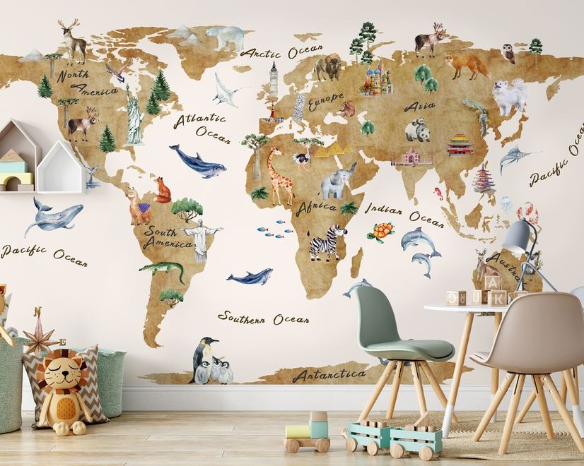 Animals on World Map Wallpaper Mural