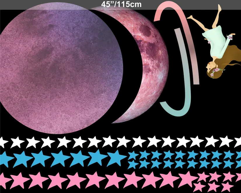 Colorful Space with Cute Little Girl on the Saturn Rings and Pink Moon Wall Decal Sticker