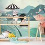 Papier peint panoramique dessin animé petite fille avec chat et lotus rose pour chambre de filles