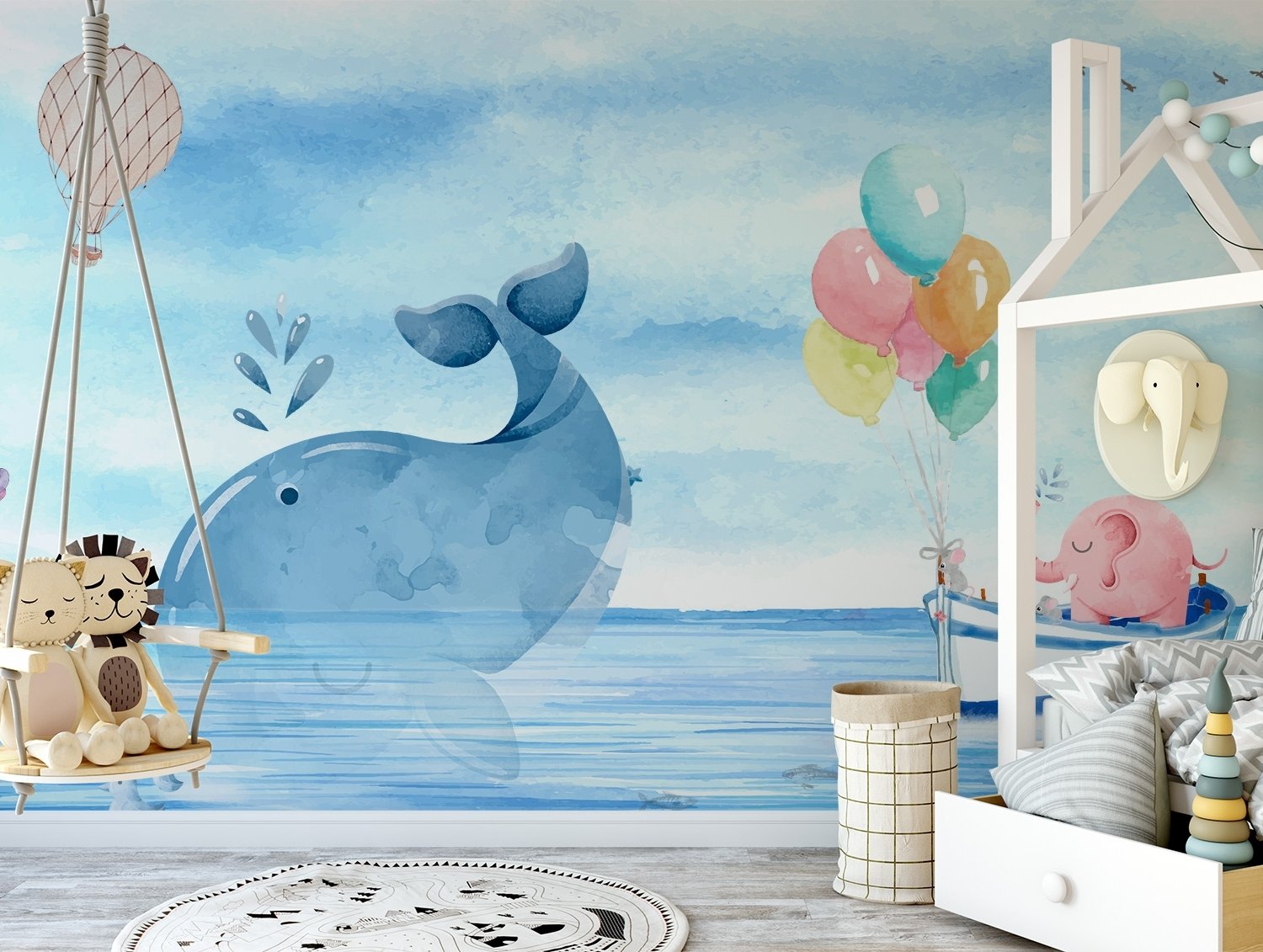 Cartoon Sea with Pink Elephant and Whales Wallpaper Mural - Peel and Stick
