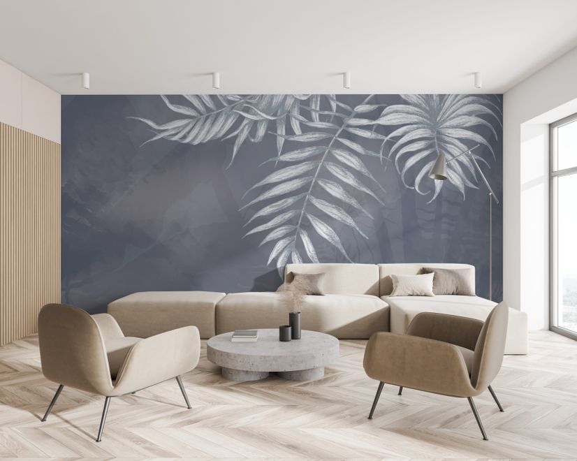 White Tropical Leafy Wallpaper Mural