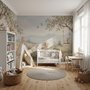 Watercolour woodland wall mural with fawn, rabbits, stone bridge, stream and distant cypress countryside