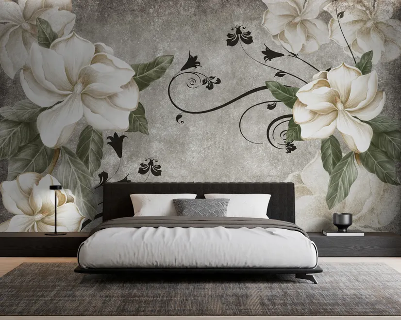 Papier peint art fleurs vintage crème