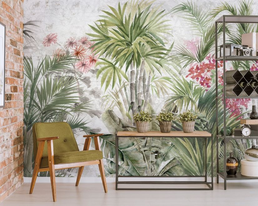 Watercolor Tropical Leaf and Flowers Wallpaper Mural