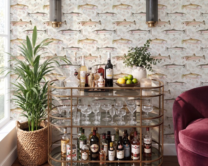 Watercolor fish wallpaper with trout, seashells and pale aqua washes on a warm cream ground
