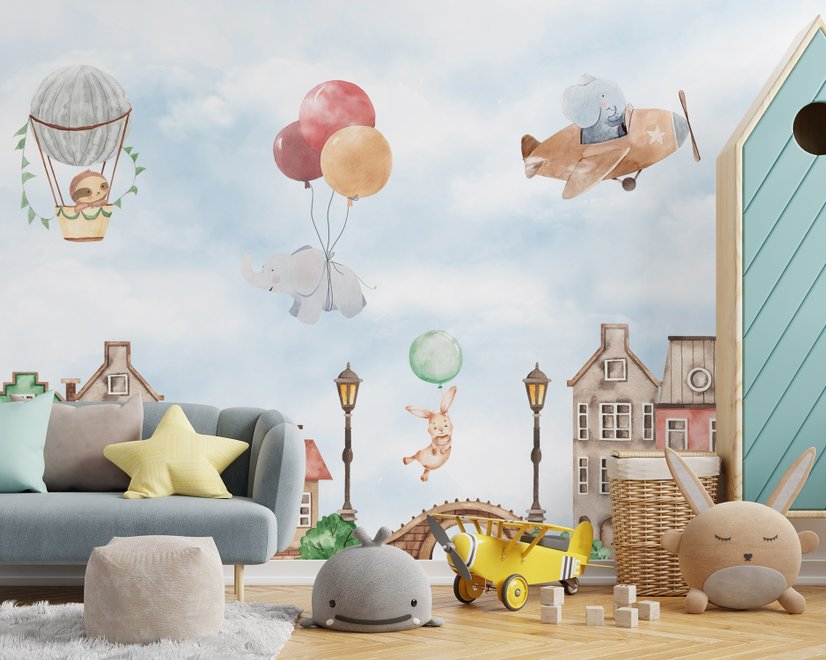 Aquarell Niedliche Häuser mit Fliegenden Tieren Fototapete für Kinder