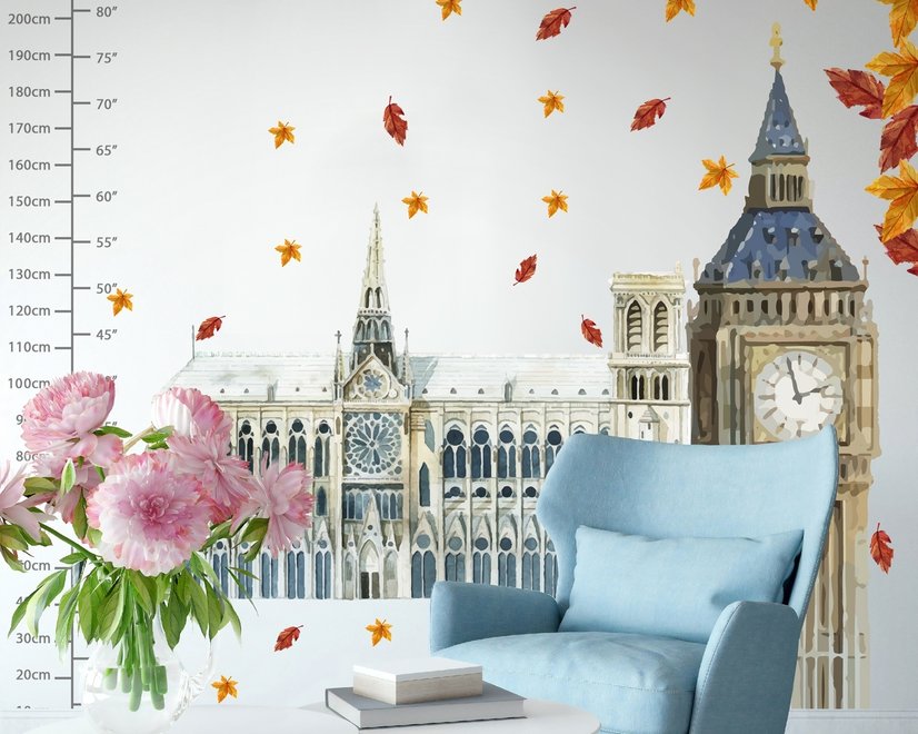 Londres Big Ben et Westminster avec feuilles d'automne Stickers muraux Sticker