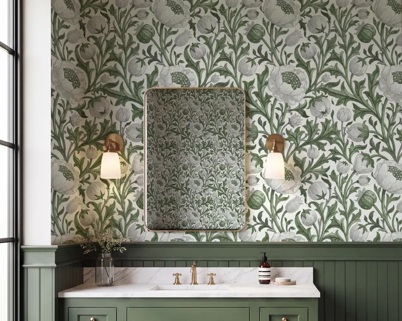 Sage green botanical floral wallpaper with white poppy flowers, lobed leaves and dotted seed centres