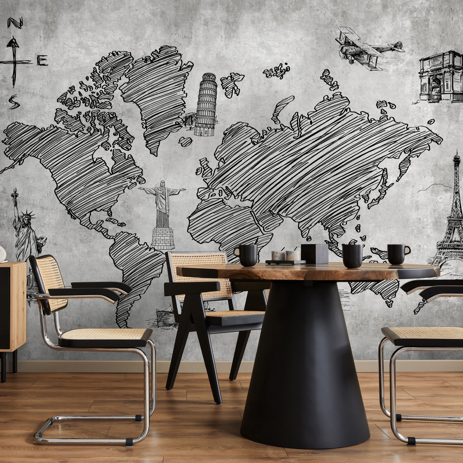 Monochrome World Map Wallpaper Mural - Peel and Stick